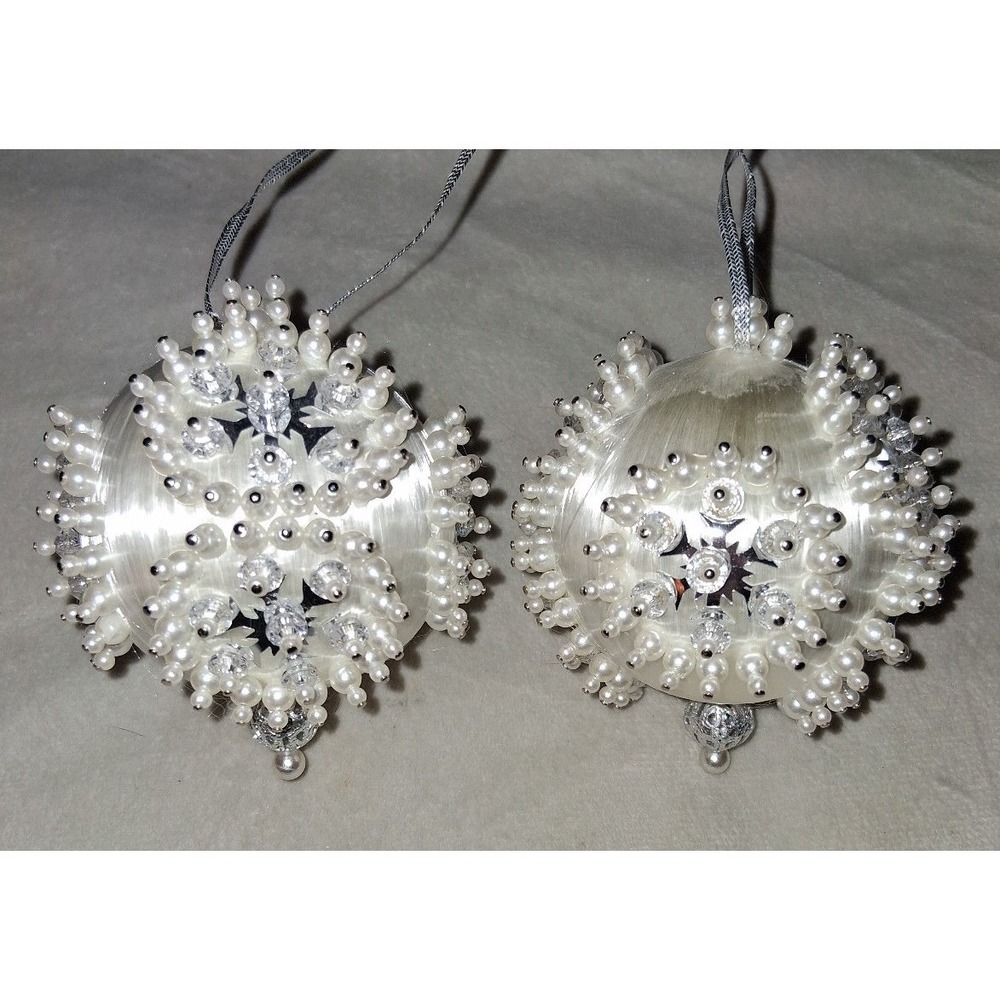Set‎ of 2 Handmade Beaded Pearl Snowflake Christmas Ornaments White Crystal 3"